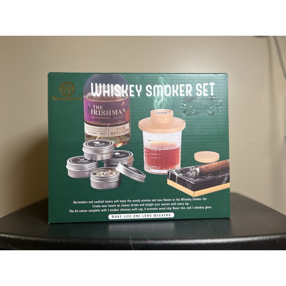 Woodbury Whiskey Smoker Set Chimney w/ Cap Wood Chips & Glass NEW